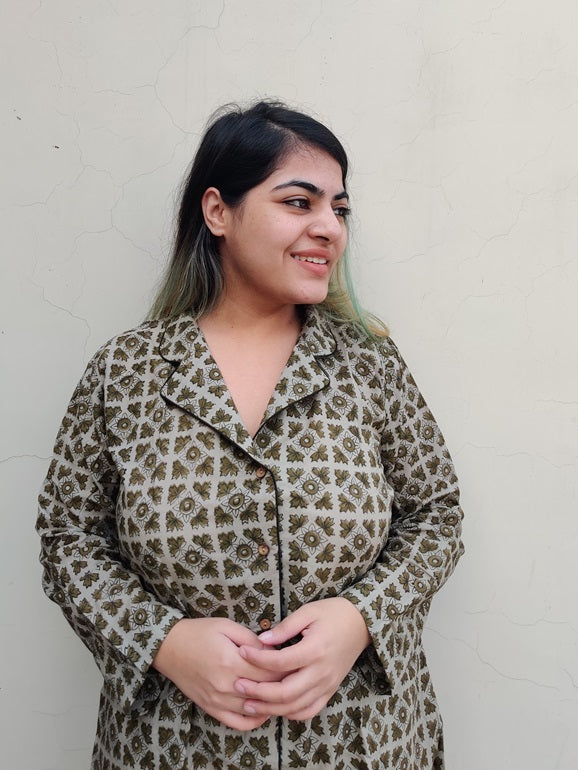 Olive Green Geometric Hand Block Printed Cotton Lounge Wear Coord Set