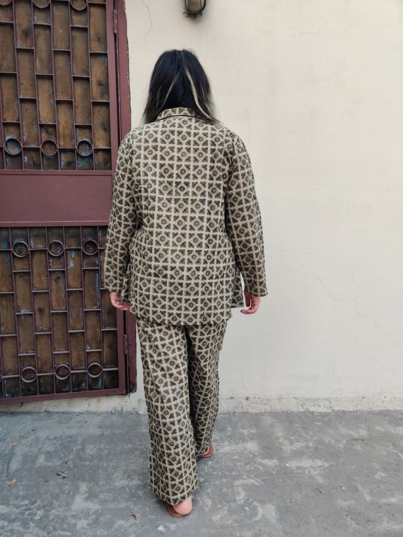 Olive Green Geometric Hand Block Printed Cotton Lounge Wear Coord Set