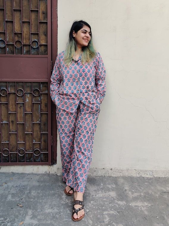 Peach Teal Floral Hand Block Printed Cotton Lounge Wear Coord Set