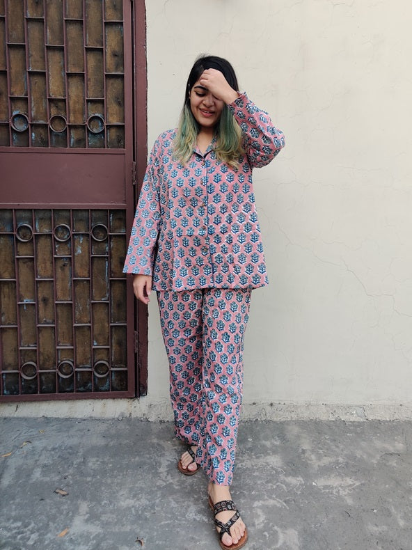 Peach Teal Floral Hand Block Printed Cotton Lounge Wear Coord Set