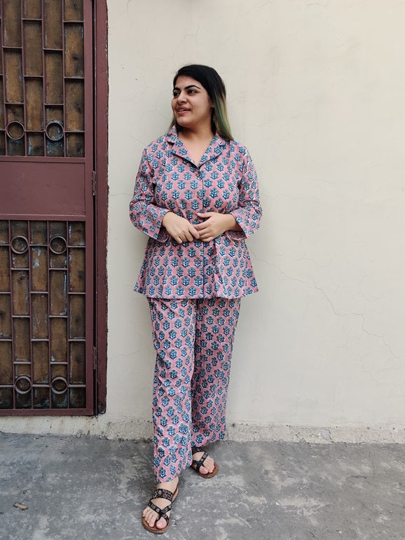Peach Teal Floral Hand Block Printed Cotton Lounge Wear Coord Set