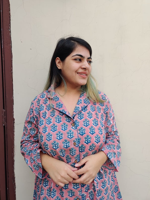 Peach Teal Floral Hand Block Printed Cotton Lounge Wear Coord Set