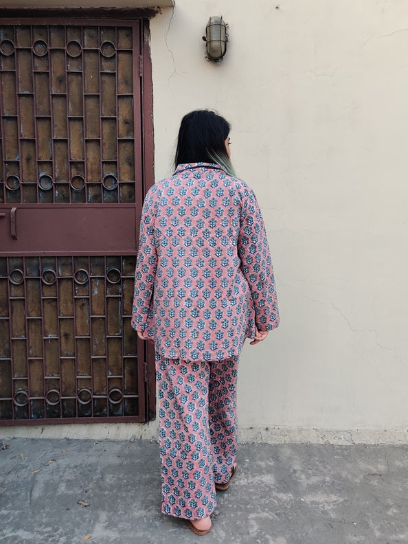 Peach Teal Floral Hand Block Printed Cotton Lounge Wear Coord Set