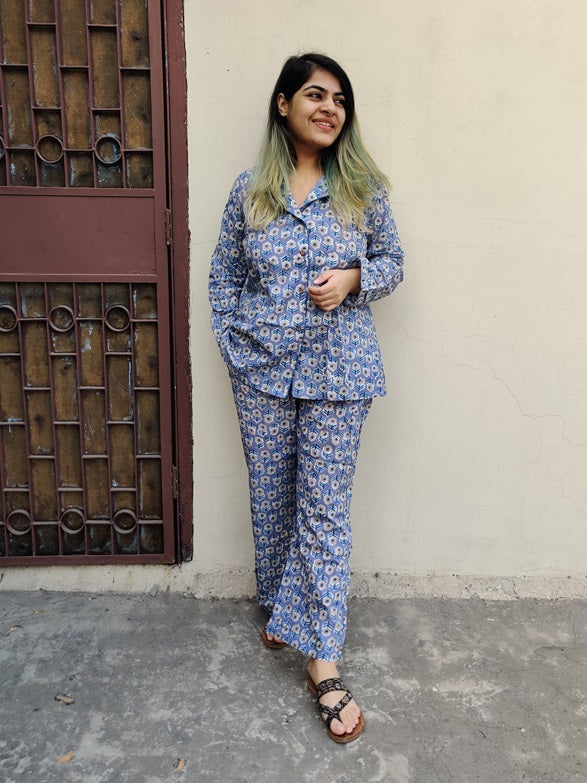 Bluish Grey Yellow Floral Hand Block Printed Cotton Lounge Wear Coord Set