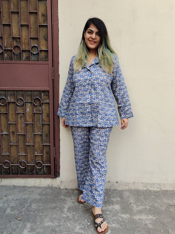 Bluish Grey Yellow Floral Hand Block Printed Cotton Lounge Wear Coord Set