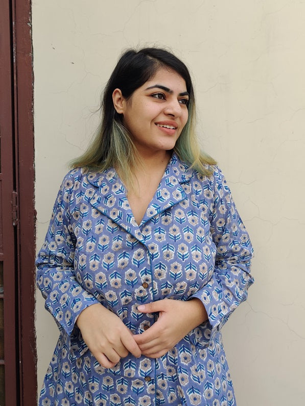 Bluish Grey Yellow Floral Hand Block Printed Cotton Lounge Wear Coord Set