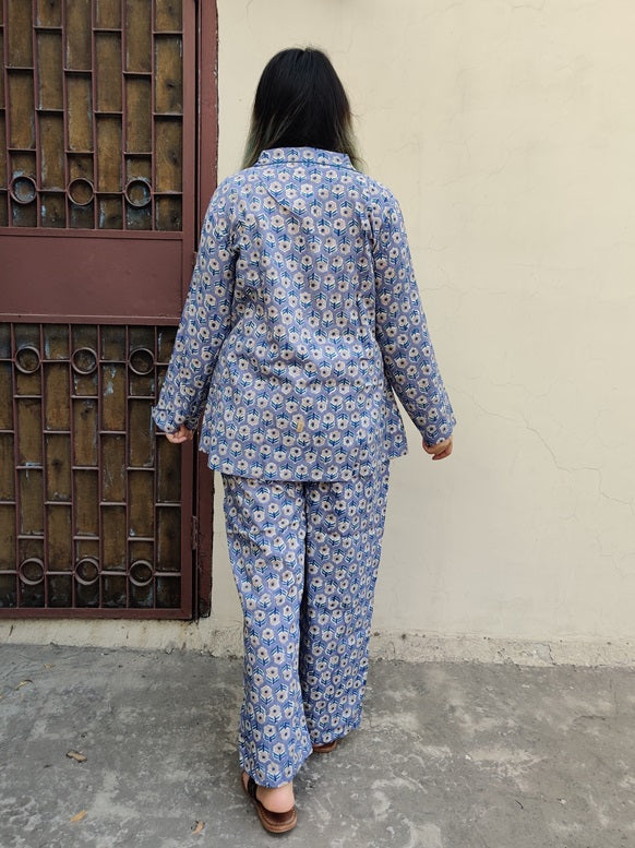 Bluish Grey Yellow Floral Hand Block Printed Cotton Lounge Wear Coord Set