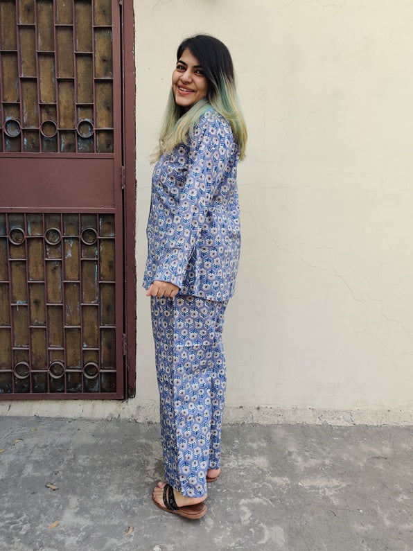 Bluish Grey Yellow Floral Hand Block Printed Cotton Lounge Wear Coord Set
