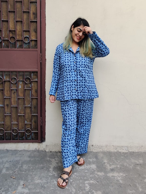 Blue Geometric Hand Block Printed Cotton Lounge Wear Coord Set