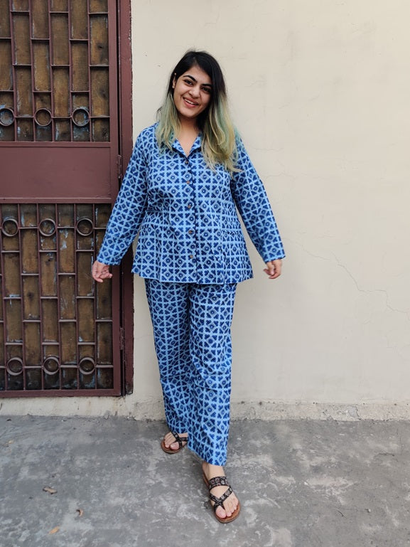 Blue Geometric Hand Block Printed Cotton Lounge Wear Coord Set