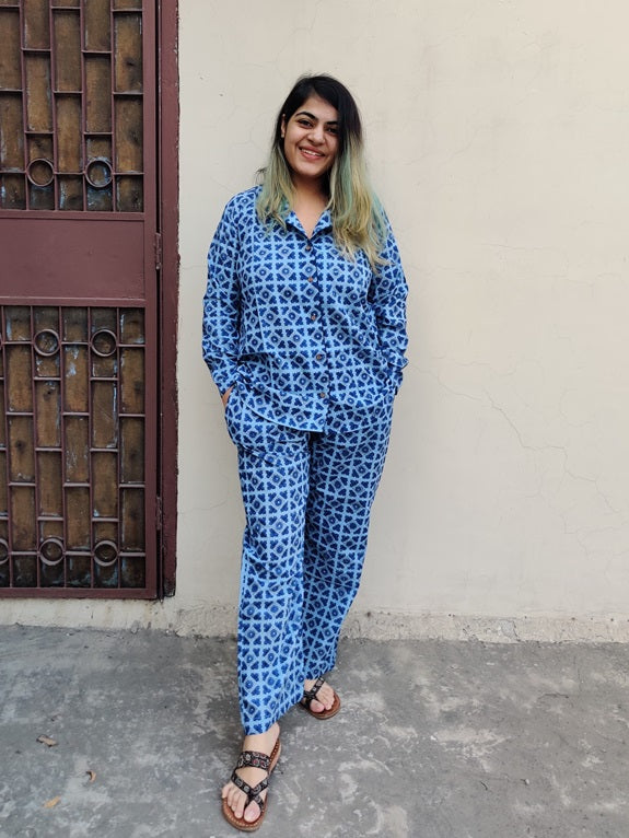 Blue Geometric Hand Block Printed Cotton Lounge Wear Coord Set