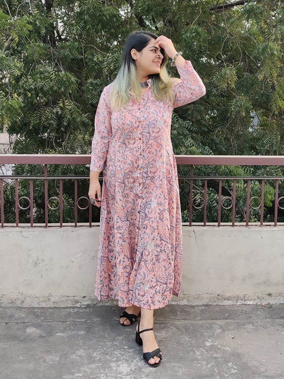 Peach Hand Block Printed A Line Maxi Shirt Dress