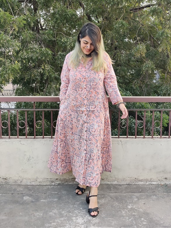 Peach Hand Block Printed A Line Maxi Shirt Dress