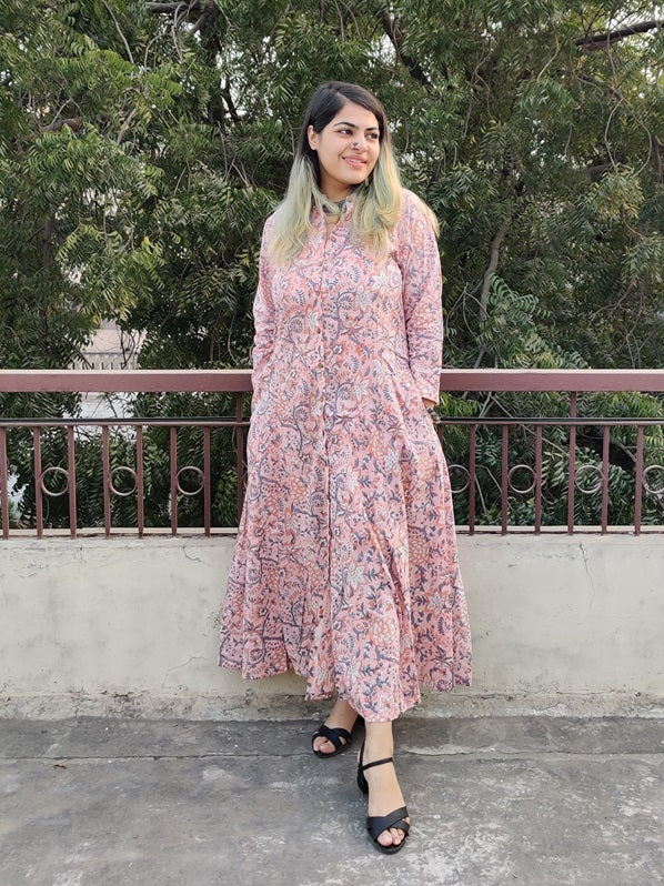 Peach Hand Block Printed A Line Maxi Shirt Dress