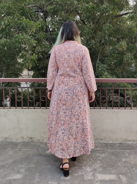 Peach Hand Block Printed A Line Maxi Shirt Dress