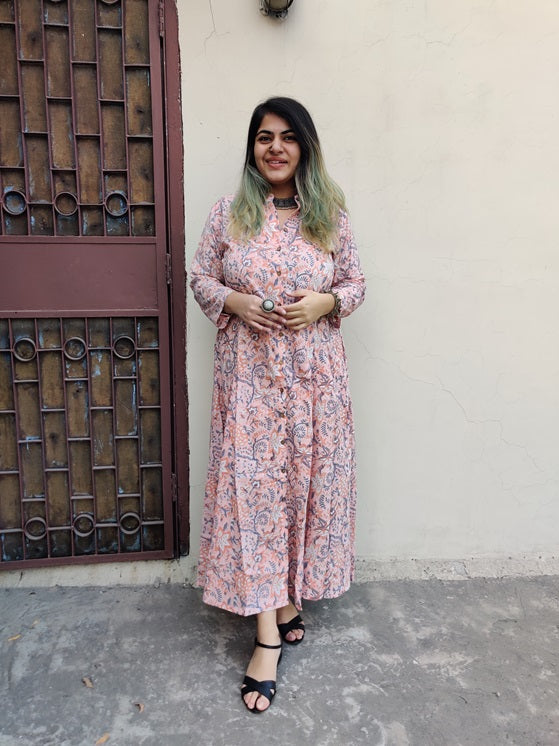 Peach Hand Block Printed A Line Maxi Shirt Dress