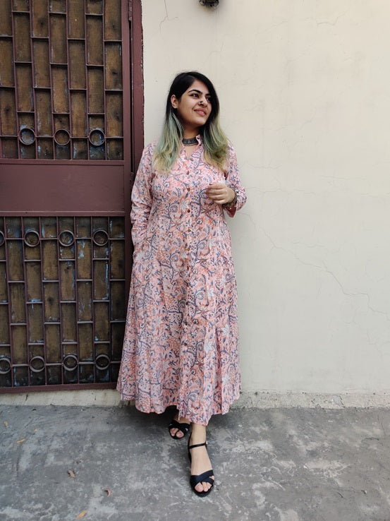 Peach Hand Block Printed A Line Maxi Shirt Dress