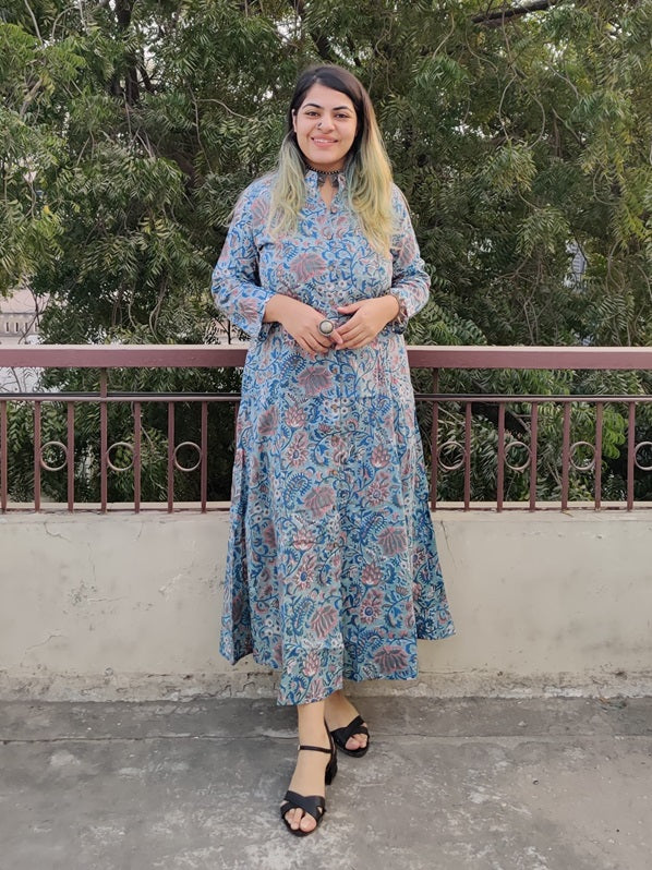 Teal Blue Hand Block Printed A Line Maxi Shirt Dress