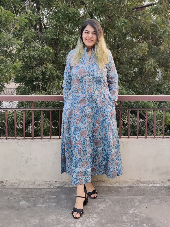 Teal Blue Hand Block Printed A Line Maxi Shirt Dress