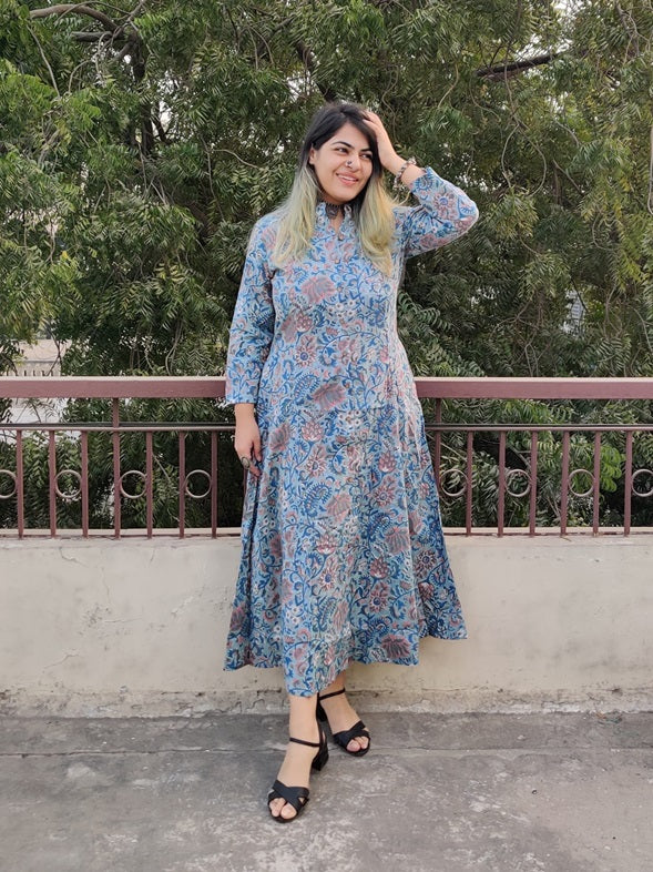 Teal Blue Hand Block Printed A Line Maxi Shirt Dress