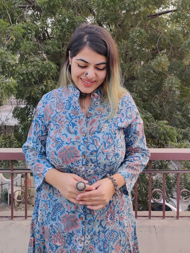 Teal Blue Hand Block Printed A Line Maxi Shirt Dress