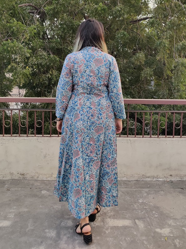 Teal Blue Hand Block Printed A Line Maxi Shirt Dress
