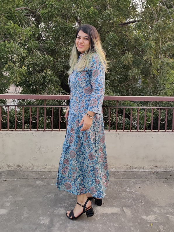 Teal Blue Hand Block Printed A Line Maxi Shirt Dress