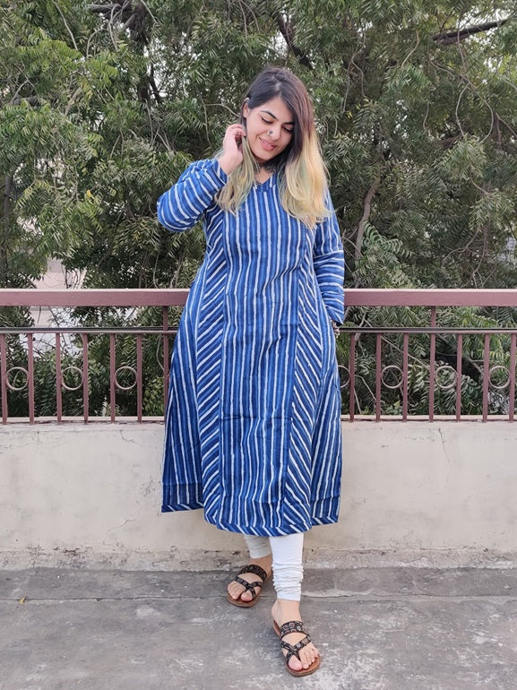 Indigo Lines Hand Block Printed A Line Kurta