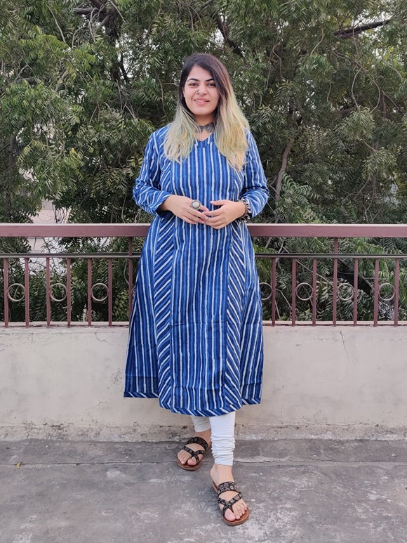Indigo Lines Hand Block Printed A Line Kurta