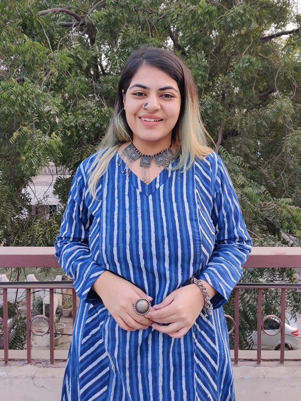 Indigo Lines Hand Block Printed A Line Kurta
