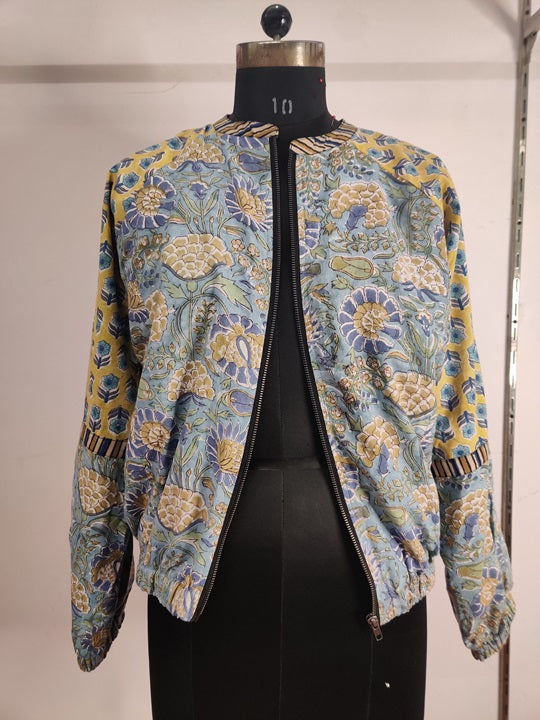 Blue Yellow Hand Block Printed Unisex Bomber Jacket
