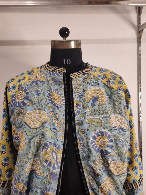 Blue Yellow Hand Block Printed Unisex Bomber Jacket