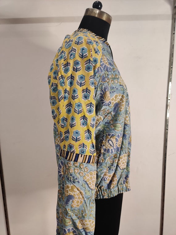 Blue Yellow Hand Block Printed Unisex Bomber Jacket