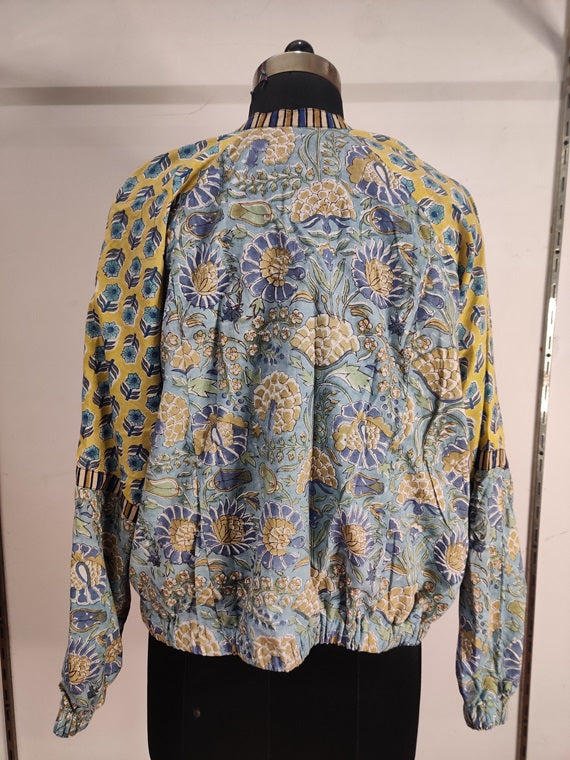 Blue Yellow Hand Block Printed Unisex Bomber Jacket