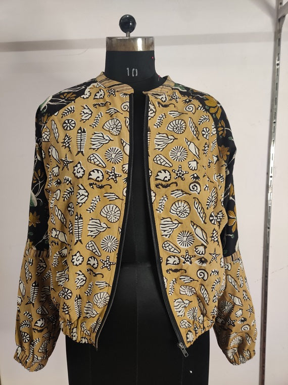 Brown Black Hand Block Printed Unisex Bomber Jacket