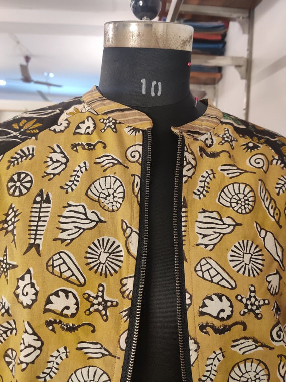 Brown Black Hand Block Printed Unisex Bomber Jacket