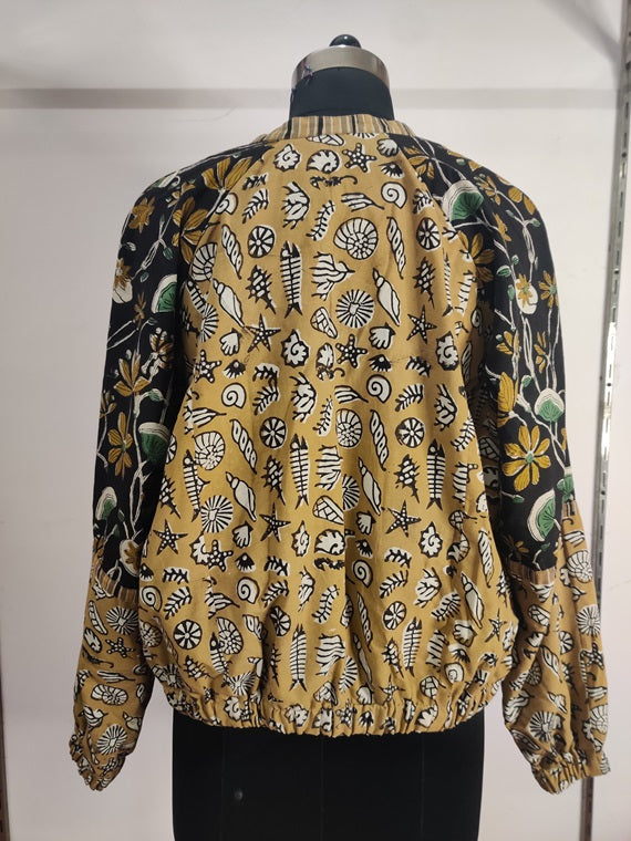 Brown Black Hand Block Printed Unisex Bomber Jacket