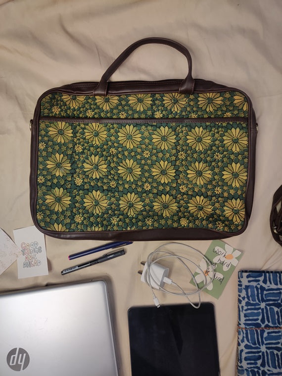 Green Geometric Flower Ajrakh Laptop Bag