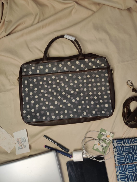 Grey Dots Hand Block Printed Laptop Bag