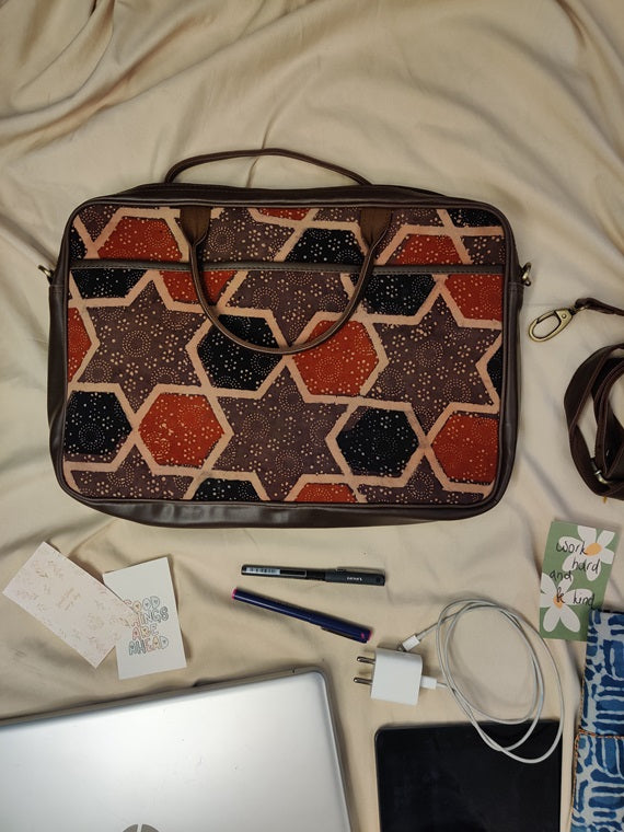 Brown Red Star Ajrakh Laptop Bag
