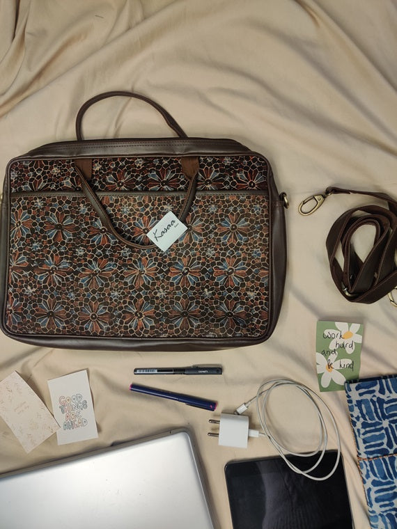 Black Geometric Flower Ajrakh Laptop Bag