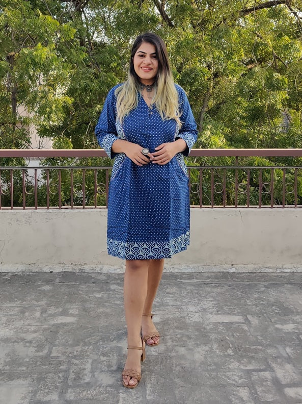 Indigo Dots Hand Block Printed Patch Shift Dress
