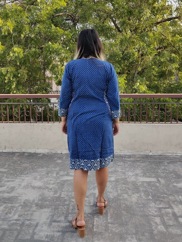 Indigo Dots Hand Block Printed Patch Shift Dress