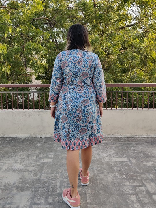 Teal Peach Hand Block Printed Patch Shift Dress