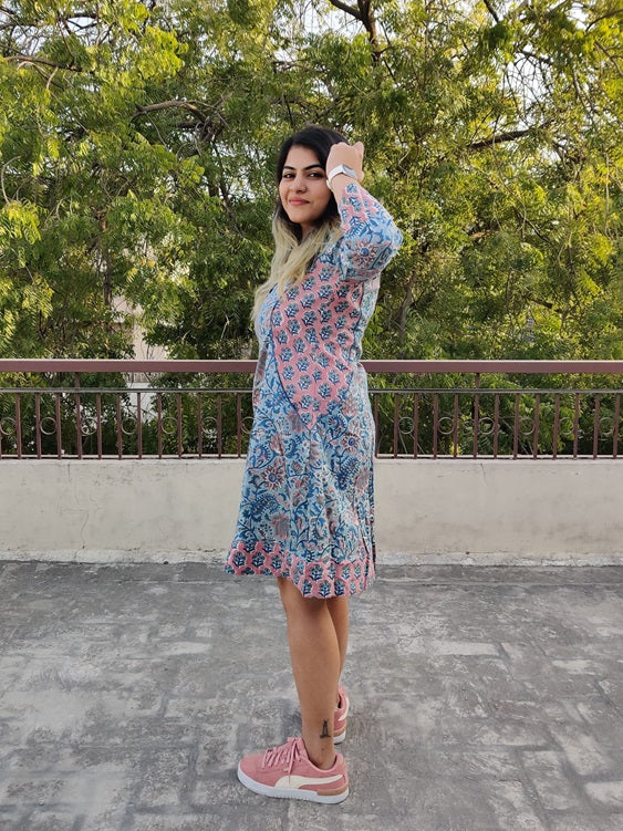 Teal Peach Hand Block Printed Patch Shift Dress