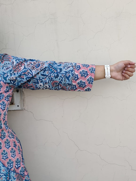 Teal Peach Hand Block Printed Patch Shift Dress