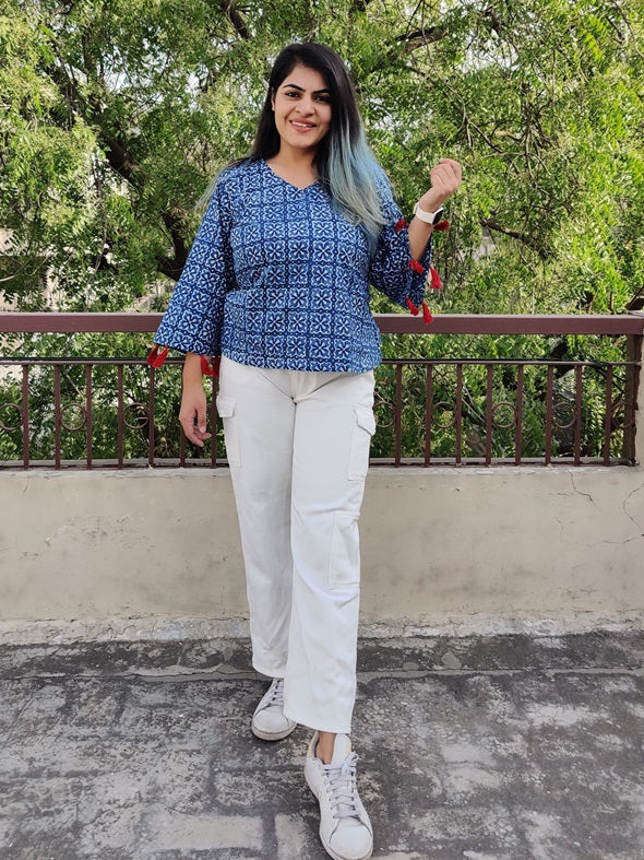 Indigo Hand block Printed Top with Bell Sleeves and Tassels