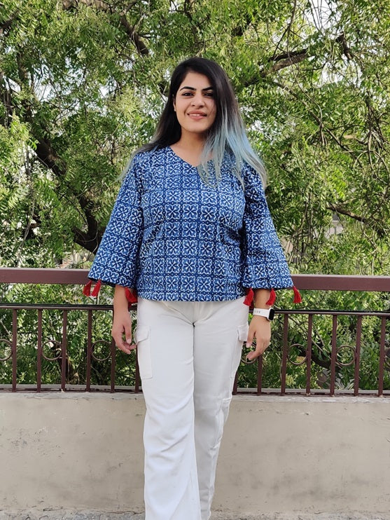 Indigo Hand block Printed Top with Bell Sleeves and Tassels