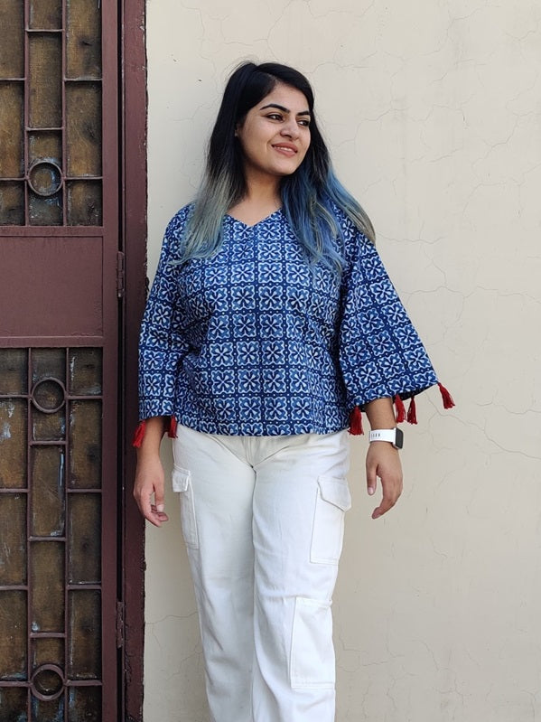 Indigo Hand block Printed Top with Bell Sleeves and Tassels