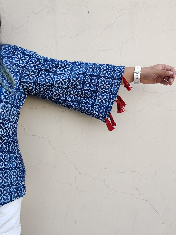 Indigo Hand block Printed Top with Bell Sleeves and Tassels